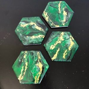 Green Gold Metallic Marble Hexagon Coaster Set